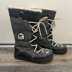 Sorel Black and White Winter Rain Boots with Lace-Up Design